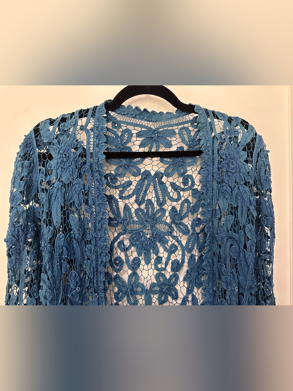 VINTAGE blue crochet/applique long open Cardigan long-sleeve -size S/M - Picture 5 of 12